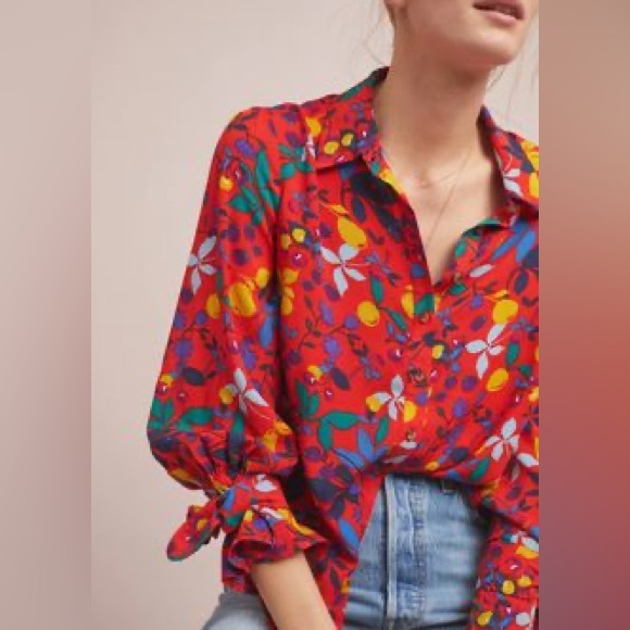 Anthropologie Maeve Button Up Blithe Blouse Fruit Lemons Red Top Size 8 - Picture 3 of 10
